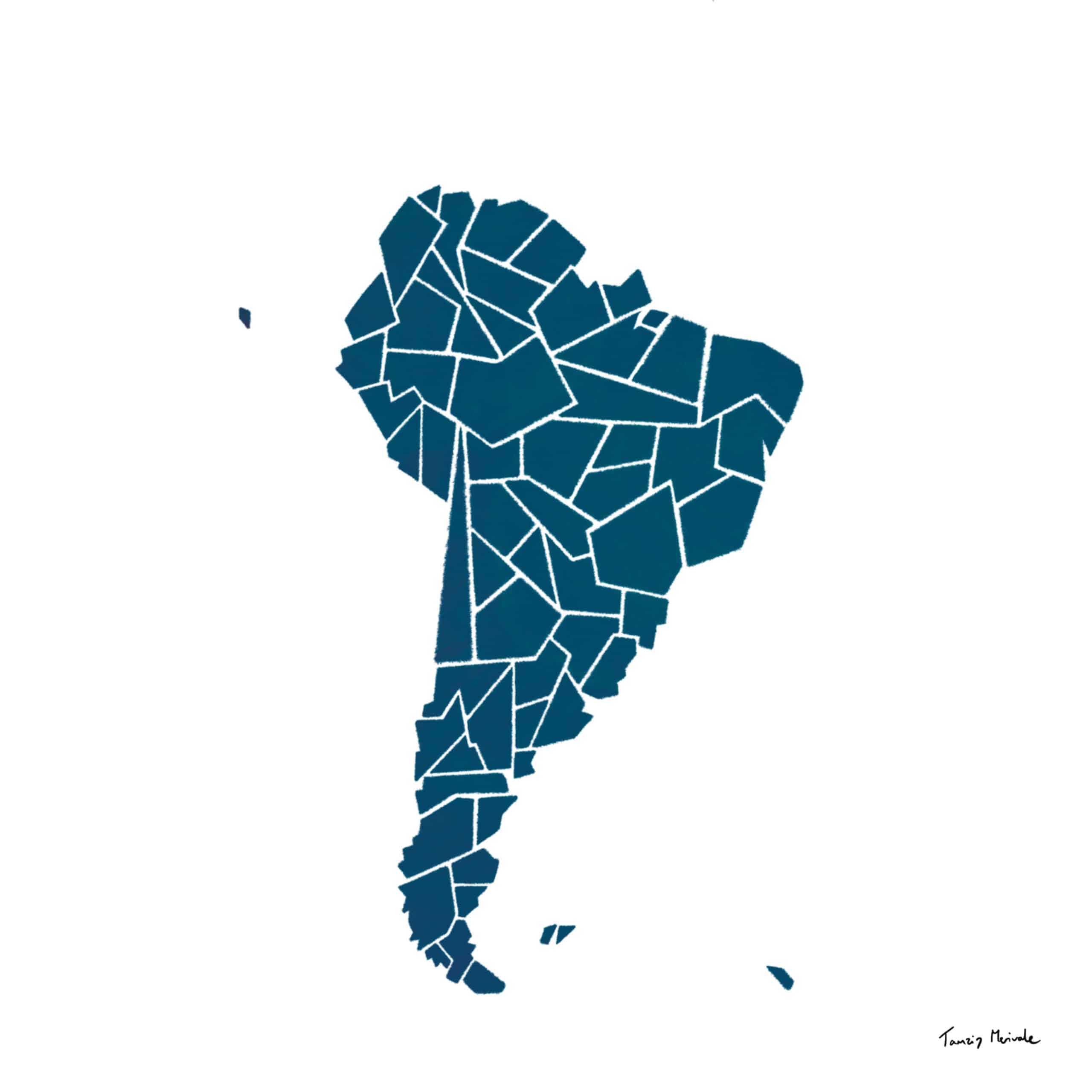 Illustrated maps - geometric map of South America in dark blue