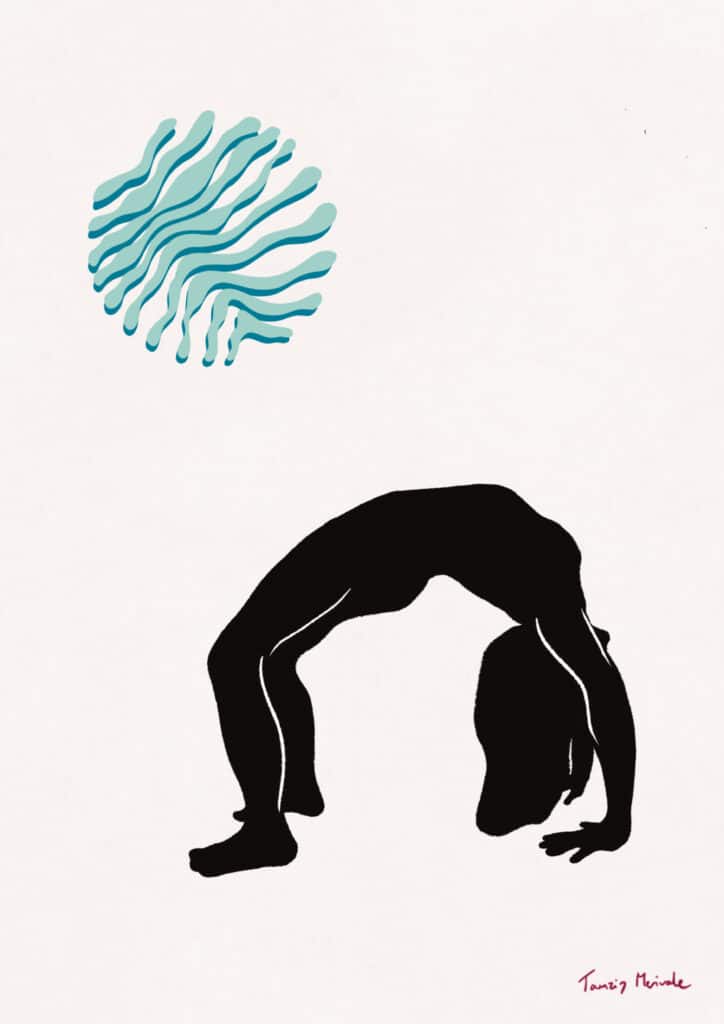 black minimal drawing of yoga pose, crab pose, with blue designed circle in top left corner