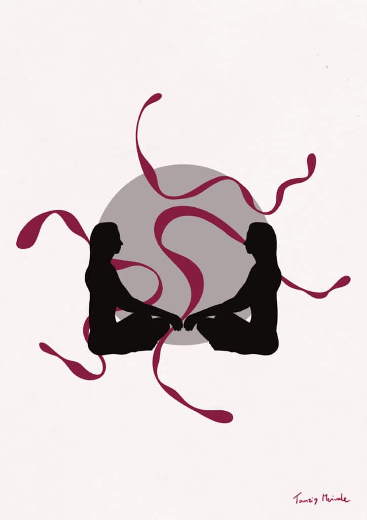 two black figures meditating facing each other, encompassed with a grey circle and some pink fluid lines