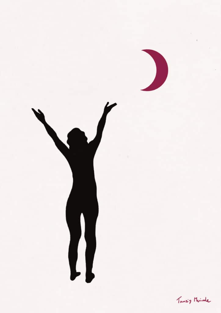 Wanderers Artwork Black figure with arms up in celebration, with a pink moon in the sky. Minimal artwork