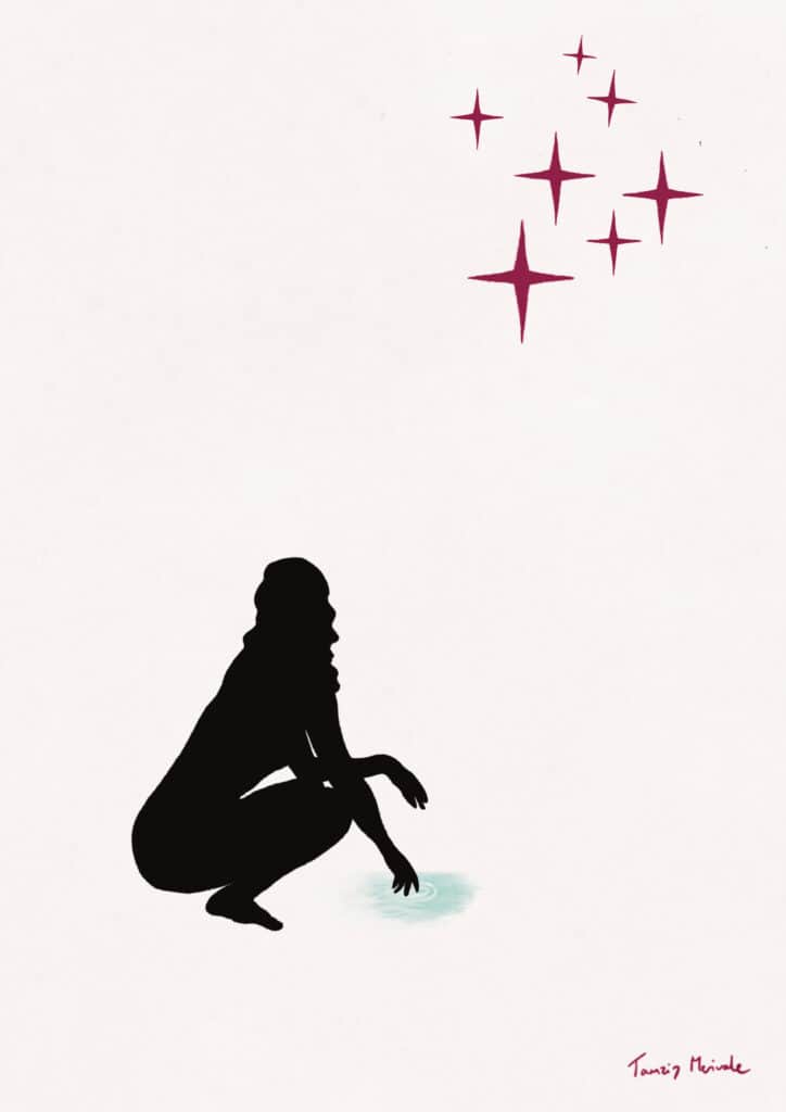 Wanderers Art work - Black figure simple drawing crouched down, fingers reaching into the water, with pink stars. minimal illustration