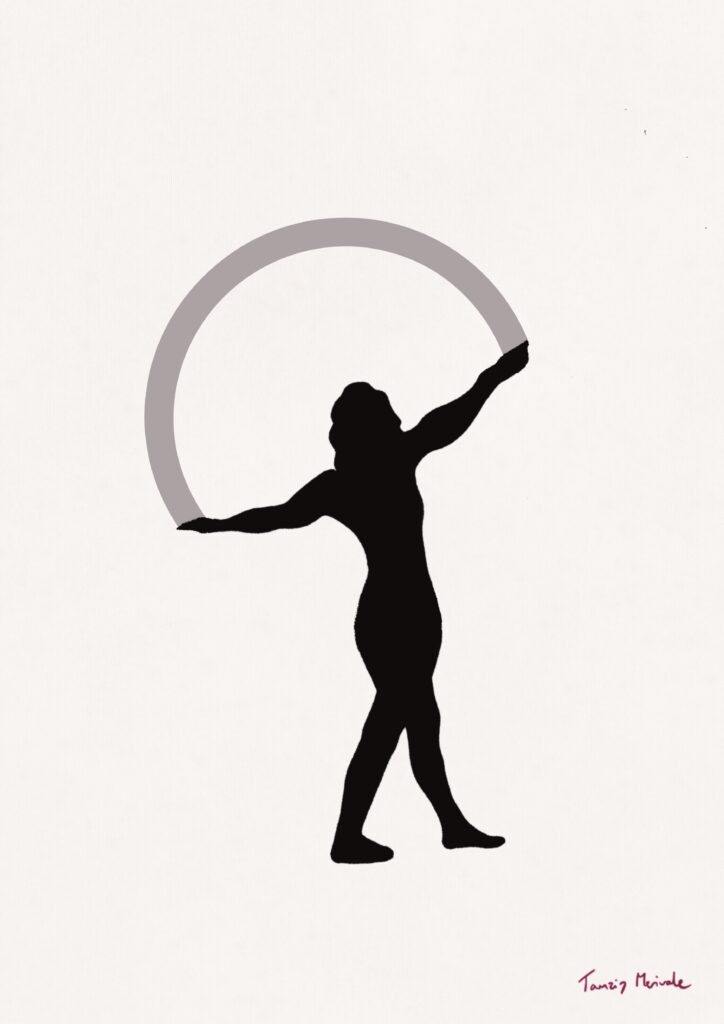 Wanderers Art work black figure of woman with arms out in celebration, grey semicircle going from one hand to the other