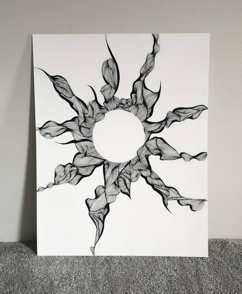 black line art print on white, sun drawing