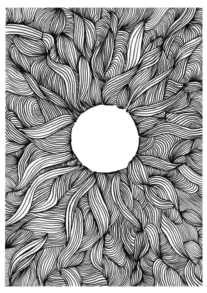 black and white line drawing art print white circle in the centre with black lines flowing out from it
