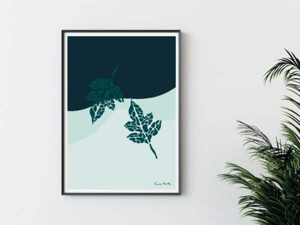 blue fern poster print of two baby blue fern leaves in soft design