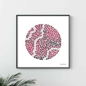 White art print in frame with red, pink and grey circle drawn in U shapes