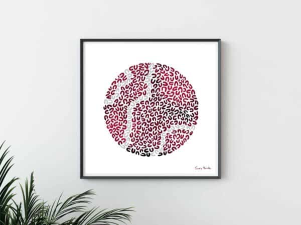 White art print in frame with red, pink and grey circle drawn in U shapes
