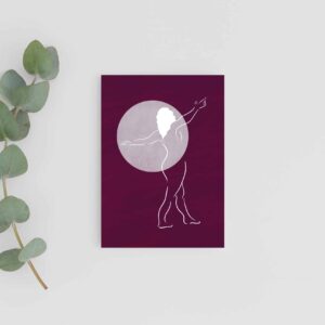 Dark purple/pink celebrate greeting card postcard with figure drawing of woman with her arms out, light pink circle motif