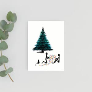 CHristmas card of stick figures trying to untangle lights to put on the tree, with a cat