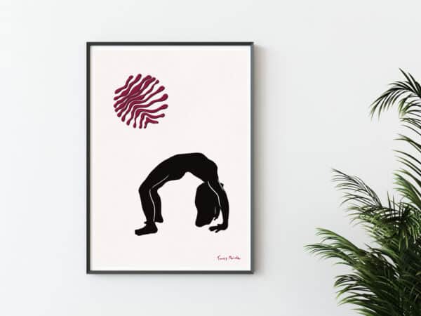 Image shows yoga poster print red in frame