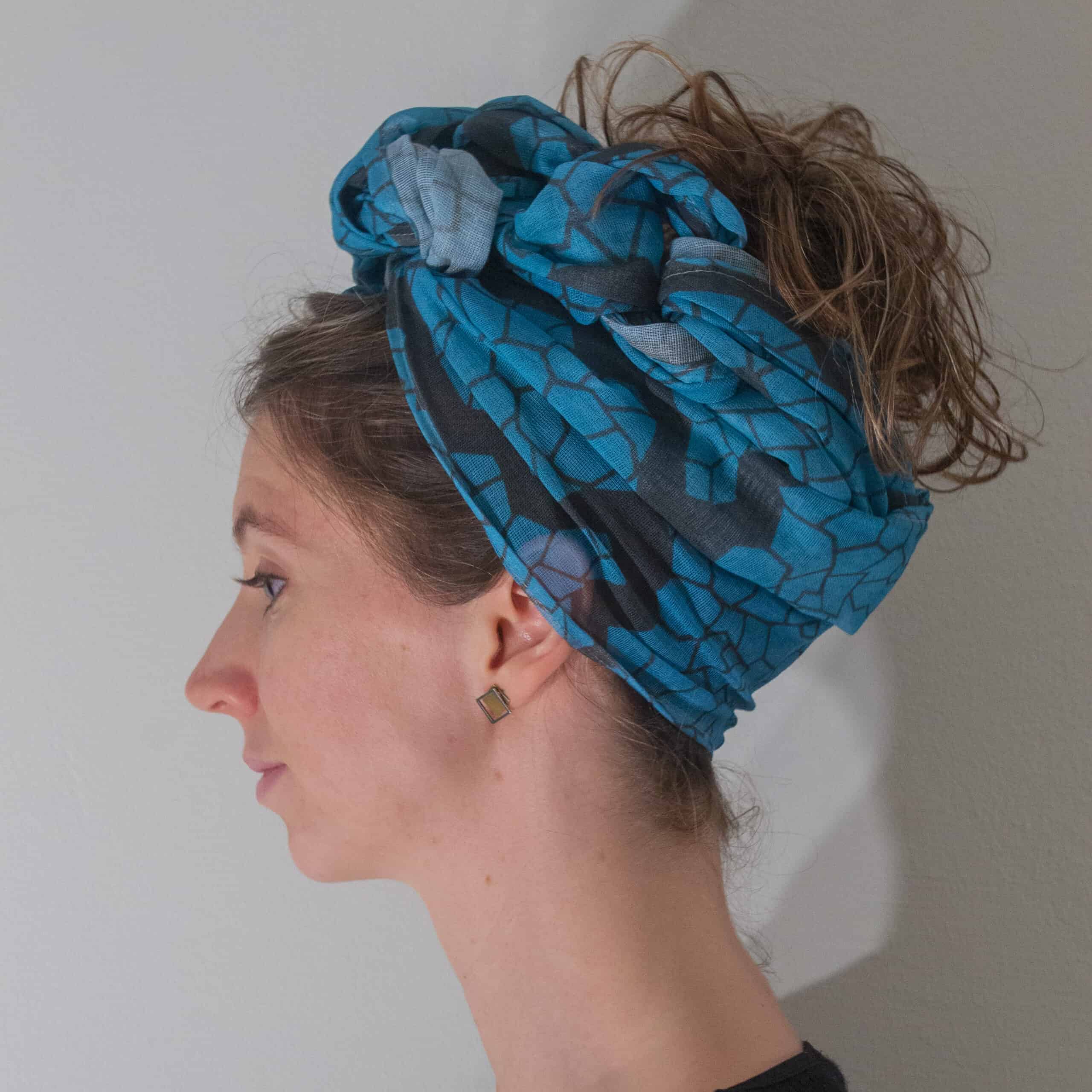 Blue scarf or turban headwrap with unusual geometric pattern