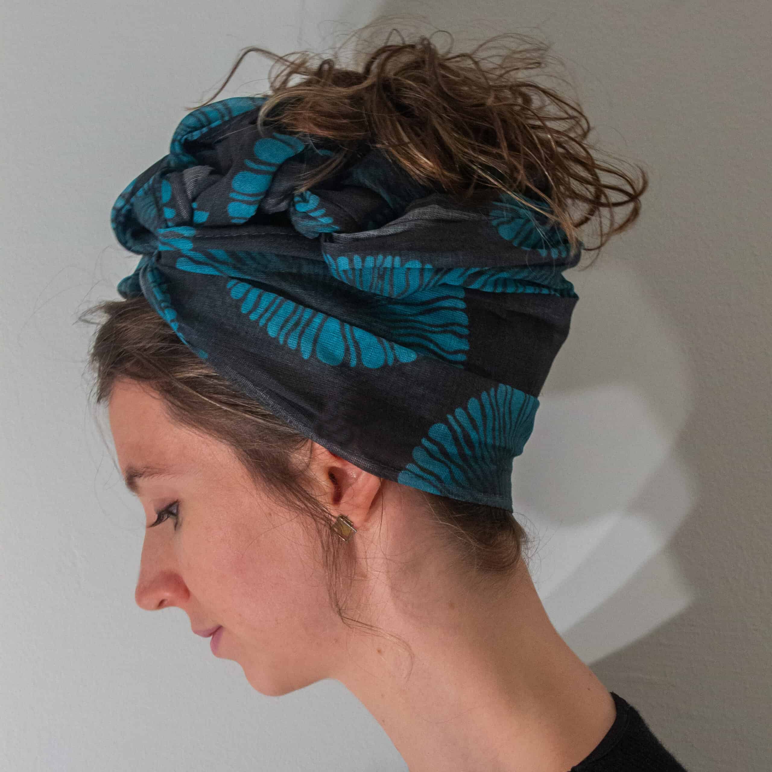 black and blue scarf turban headwrap