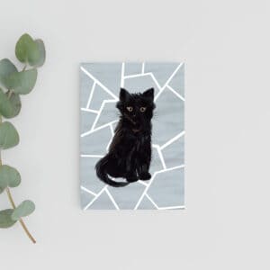 Black Kitten Greeting Card with grey mosaic background with leaf