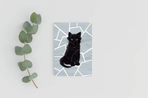 Black Kitten Greeting Card with grey mosaic background with leaf