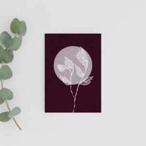 Plant Greeting Card in white line drawing on chocolate background with a pink moon circle