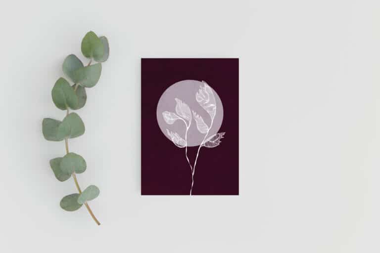 Plant Greeting Card in white line drawing on chocolate background with a pink moon circle