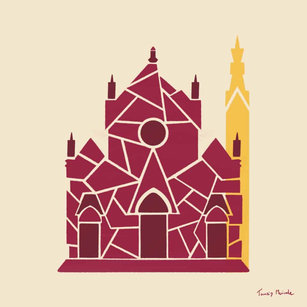 Santa Croce Florence Art poster print in red and yellow