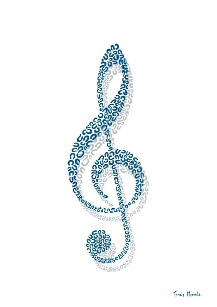 Treble Clef Illustration in blue U shapes on a white background