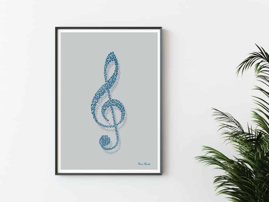 image shows artistic treble clef poster print in a frame