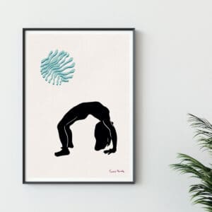 Image shows Yoga poster print blue in frame
