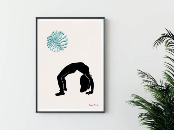 Image shows Yoga poster print blue in frame