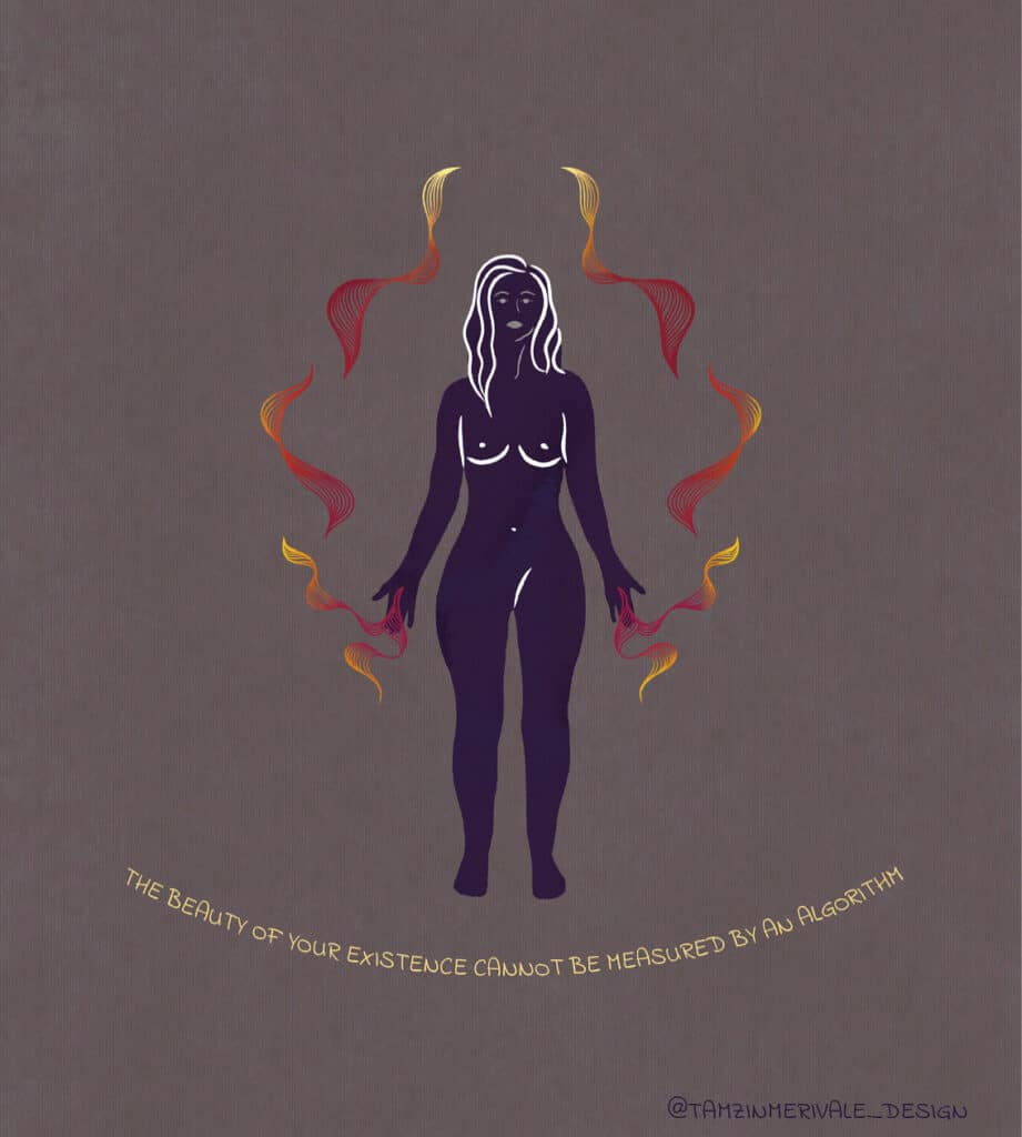 Energy Healing Artwork. Empowered Woman doing Mountain Pose. Illustration shows woman doing a mountain pose with lines drawn around her like flames, representing energy. Quote reads, 'The beauty of your existence cannot be measured by an algorithm.'