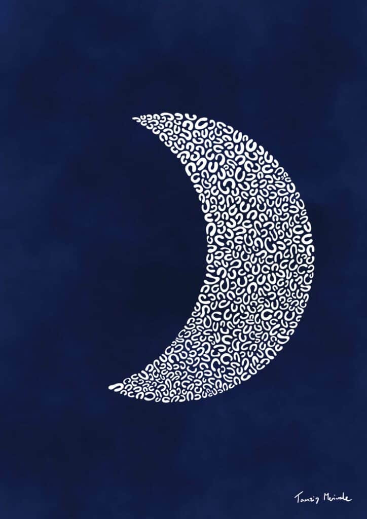 Illustration of a crescent moon on a midnight blue sky