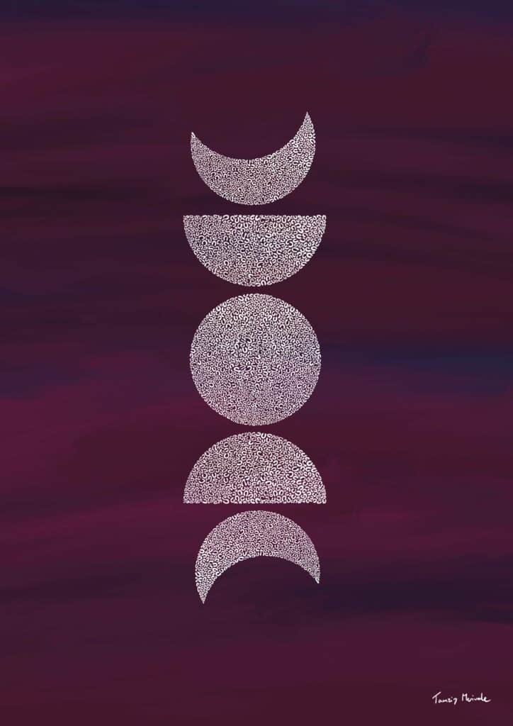 Moon phases illustration - full moon, half moon and crescent moon on a red/purple sky