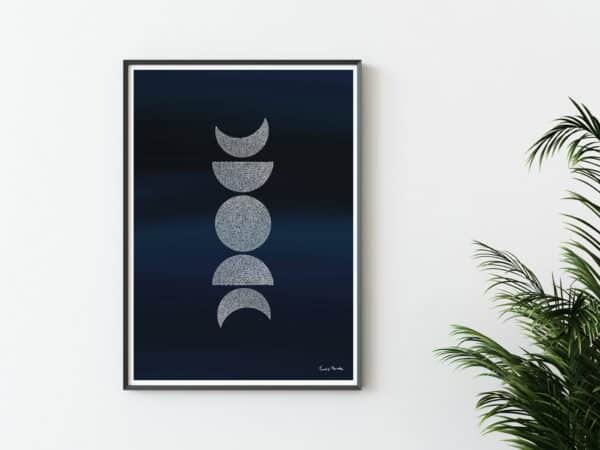 Image shows Moon Phases poster print art in frame with plant