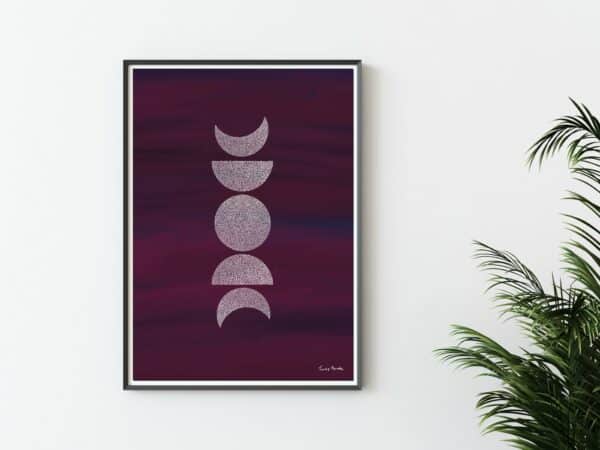 Image shows an unusual illustration of the phases of the moon in a line, on a pink and purple sky background, in a frame. Moon phases poster