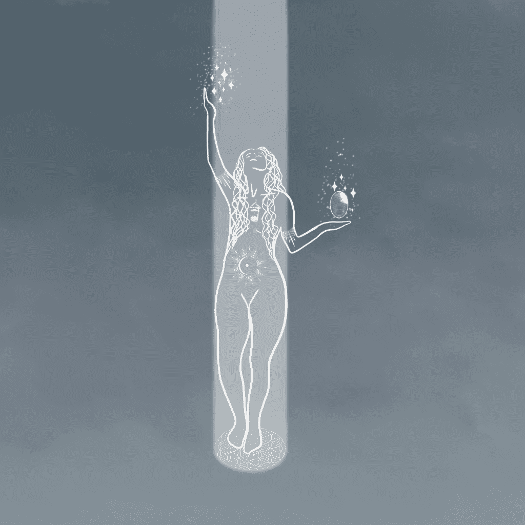Temple Journey Ascension. grey background, pillar of light coming down with woman in the centre, with a dragon's egg on her hand, standing on the flower of life.