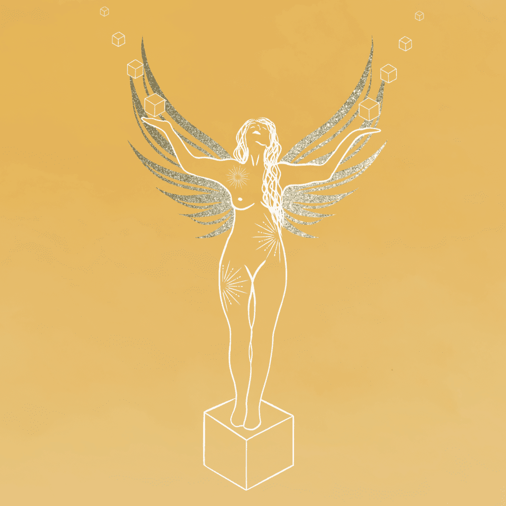 Yellow background. Woman standing on a cube and cubes going up from her hands, gold glittery wings, symbols of the sun on her body
