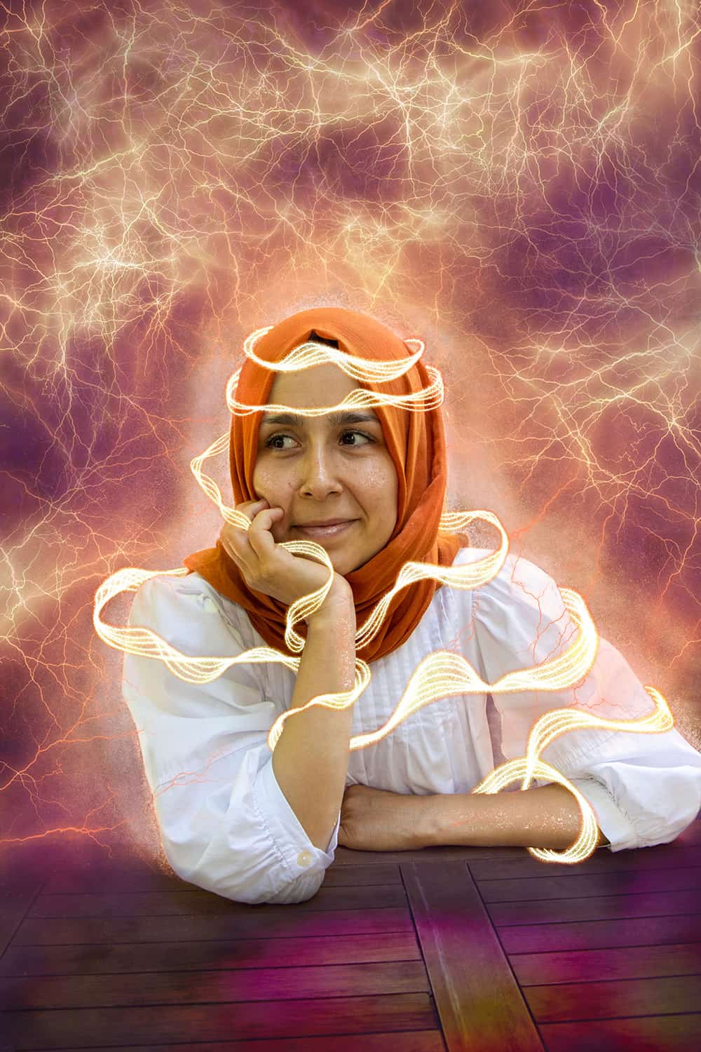 Soul Signs Energetic Portraiture of Fatma, Spiritual art showing her energy in the form of sunshine around a photo of her