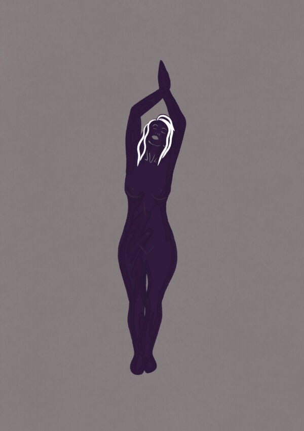 illustration in dark purple of a woman with her hands above her head. The woman portrays calm acceptance in her body language and facial expression