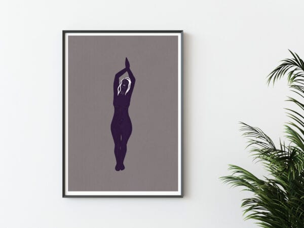 Acceptance illustration fine art poster print. Image shows framed artwork, an illustration in dark purple of a woman with her hands above her head. The woman portrays calm acceptance in her body language and facial expression