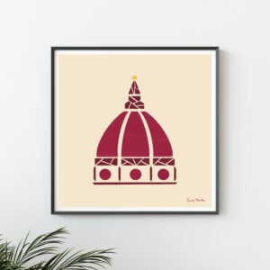 Duomo Florence. Frame with illustration of the duomo, dome of florentine cathedral landmark in geometric red design