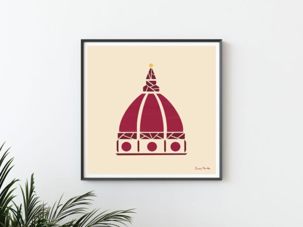 Duomo Florence. Frame with illustration of the duomo, dome of florentine cathedral landmark in geometric red design