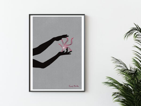 Image shows fine art poster print. Grey background with illustration of hands in shadow, delicately holding magical energy in between the hands. Magic in your hands poster print