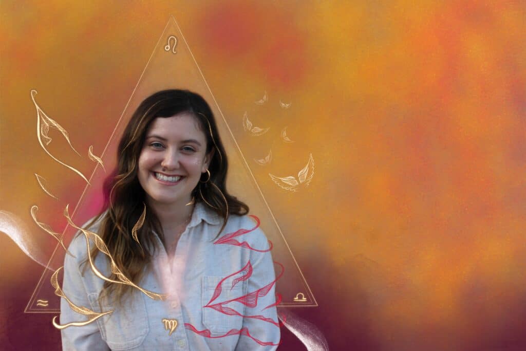 Soul Sign Portrait. Sofia, with energy depicted around her in gold lines, white wings of angels, and an orange/pink background highlighting the fire element. Symbols for her star sign also surround her.