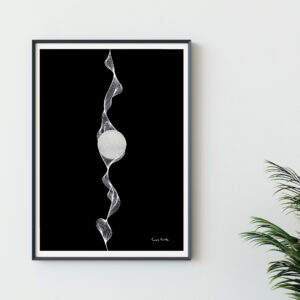 Framed black art print of white smoke in lines, with a white circle in the middle. Smoke poster Print