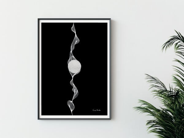 Framed black art print of white smoke in lines, with a white circle in the middle. Smoke poster Print